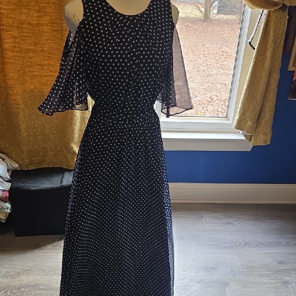 Calvin Klein Collection Navy and White Polka Dot Cold-Shoulder Maxi Dress